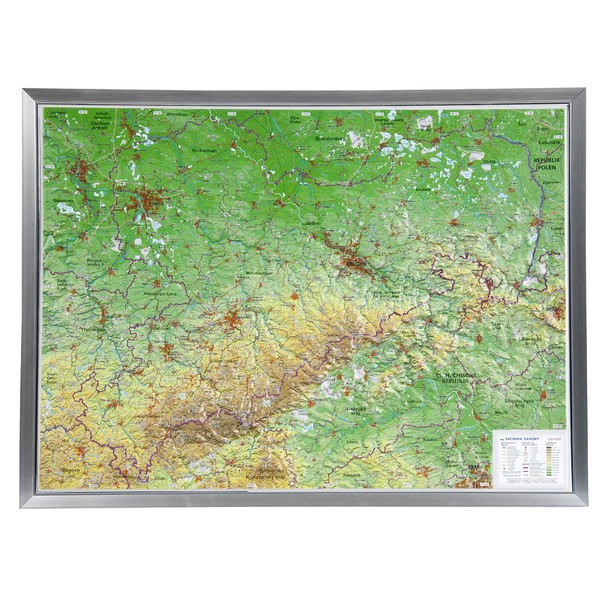 Georelief Regionkarta Sachsen stor, 3D-reliefkarta med ram i aluminium