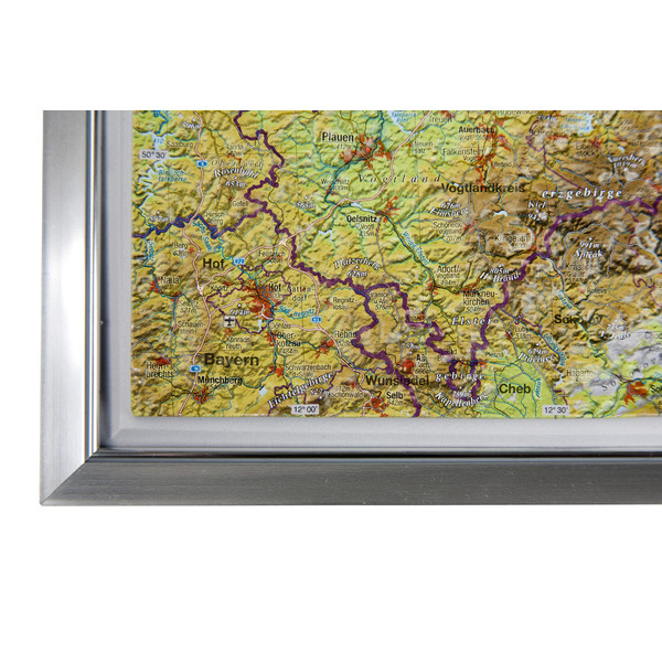 Georelief Regionkarta Sachsen stor, 3D-reliefkarta med ram i aluminium