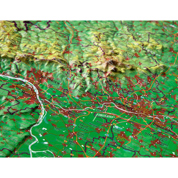 Georelief Regionkarta Hessen stor, 3D-reliefkarta med aluminiumram