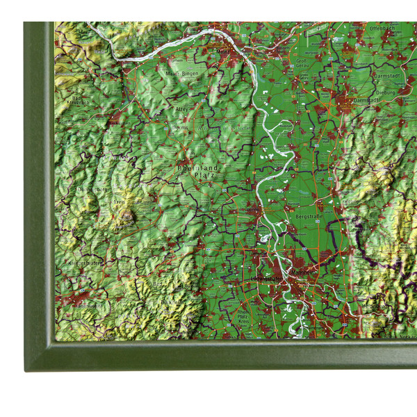 Georelief Regionkarta Hessen stor, 3D-reliefkarta med träram