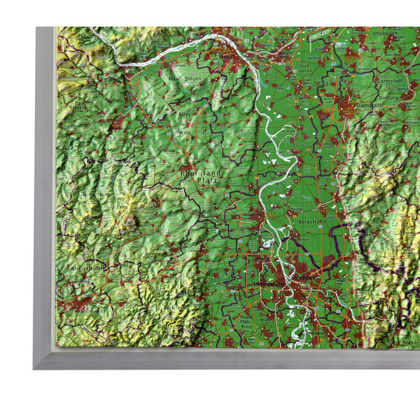 Georelief Regionkarta Hessen stor, 3D-reliefkarta med aluminiumram
