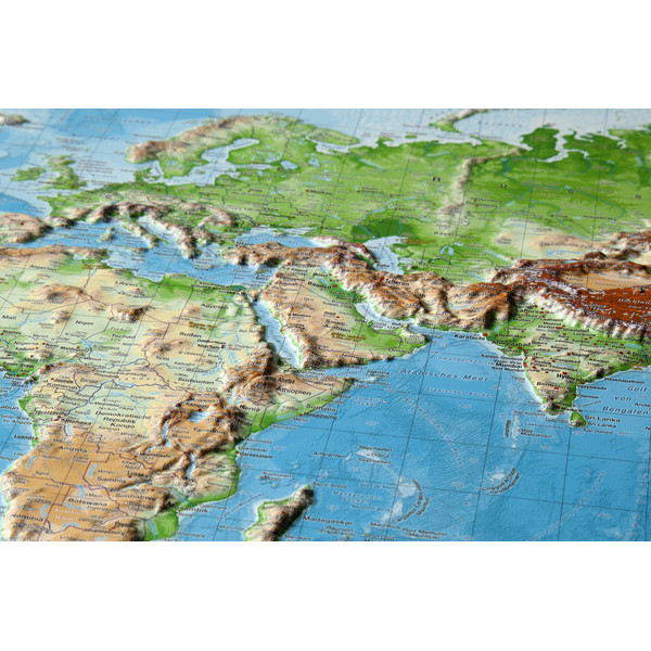 Georelief Världskarta 3D-reliefkarta med träram (77 x 57 cm)