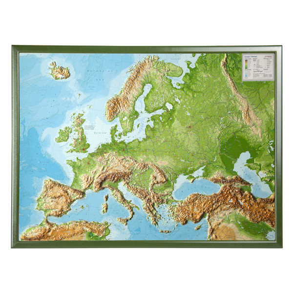 Georelief Kontinentkarta Europa stor, 3D reliefkarta med träram, ENGLISH