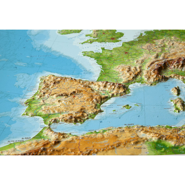 Georelief Kontinentkarta Europa stor, 3D reliefkarta med träram, ENGLISH