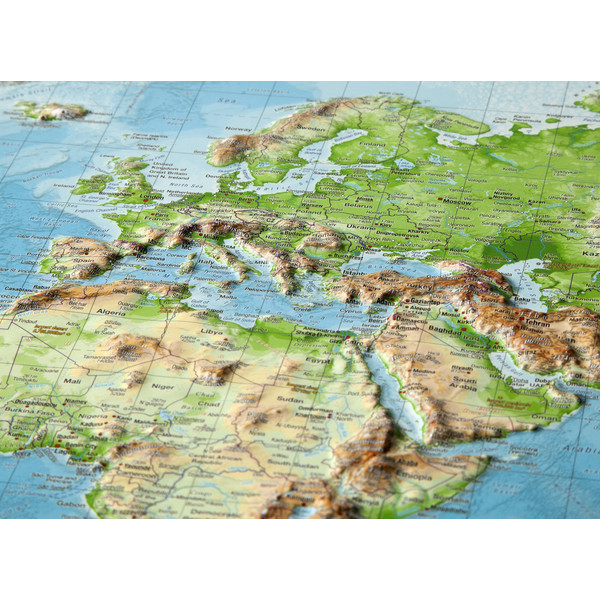 Georelief Världskarta (77x57) 3D reliefkarta med träram, ENGELSKA