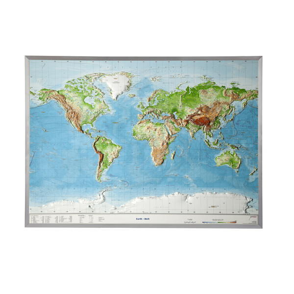 Georelief Världskarta Världen stor, 3D-reliefkarta med ram i aluminium, Engelska