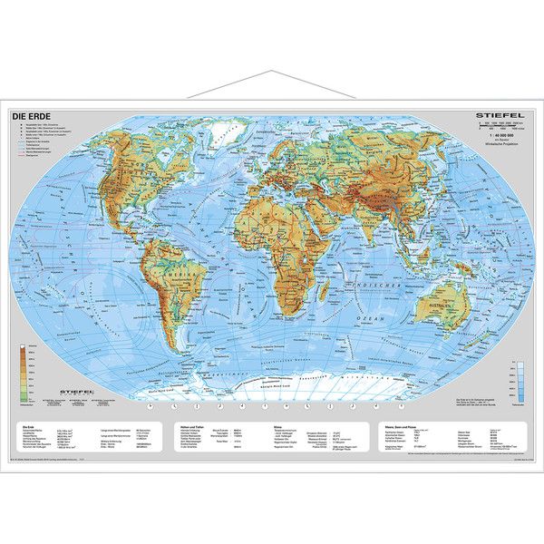 Stiefel Världskarta Jorden fysiskt (95 x 62 cm)