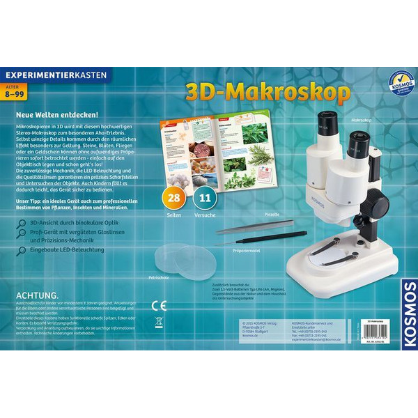 Kosmos Verlag Stereomikroskop 3-D makroskop forskningssats, 20x, LED