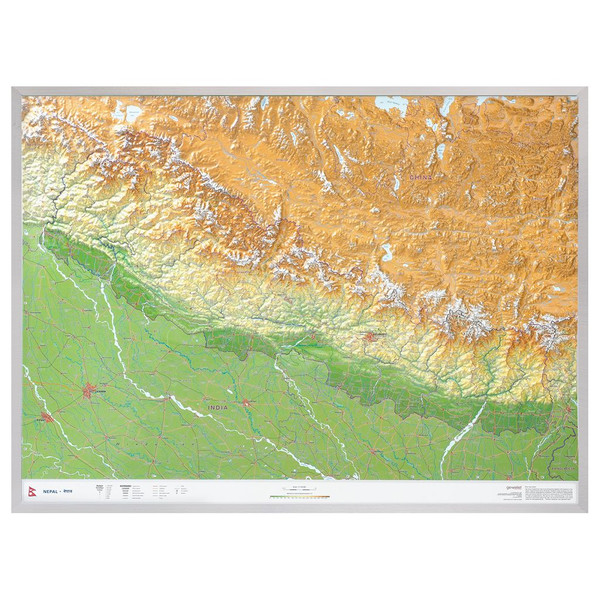 Georelief Regionkarta Nepal groß 3D mit Aluminiumrahmen