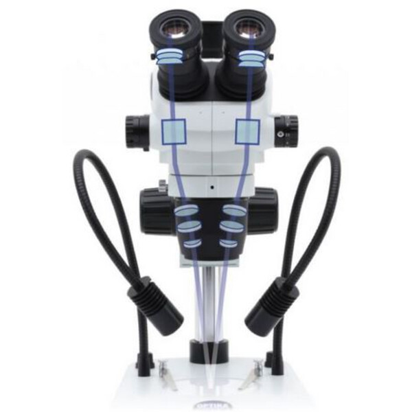 Optika Zoom-stereomikroskop SZO-5 , bino, 6.7-45x, pelarställning, infall, genomfallande ljus, dubbel spotlight