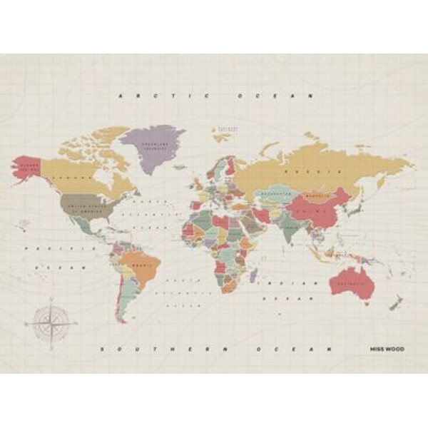 Miss Wood Världskarta Woody Map Watercolor Tropical L