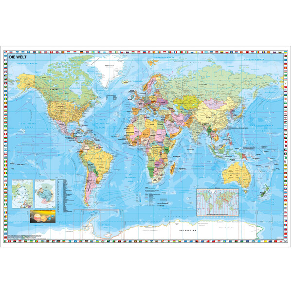 Stiefel Politisk världskarta med flaggkant (137x89) på platta för nålfäste