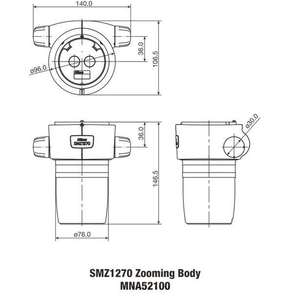 Nikon Stereohuvud SMZ-1270 Stereo Zoom Head, bino, 6.3-80x, click stop, ratio 12.7:1, 64 mm, 20°, WD 70 mm