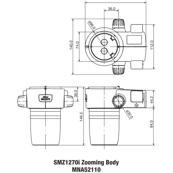 Nikon Stereohuvud SMZ-1270i Stereo Zoom Head, trino, 6.3-80x, click stop, ratio 12.7:1, 64 mm, 0-30°, WD 70 mm