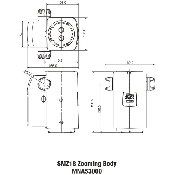 Nikon Stereohuvud SMZ18, manuell, parallelloptik, Achromat, zoomhuvud, bino, 7,5-135x, click stop, förhållande 18:1, 15°.