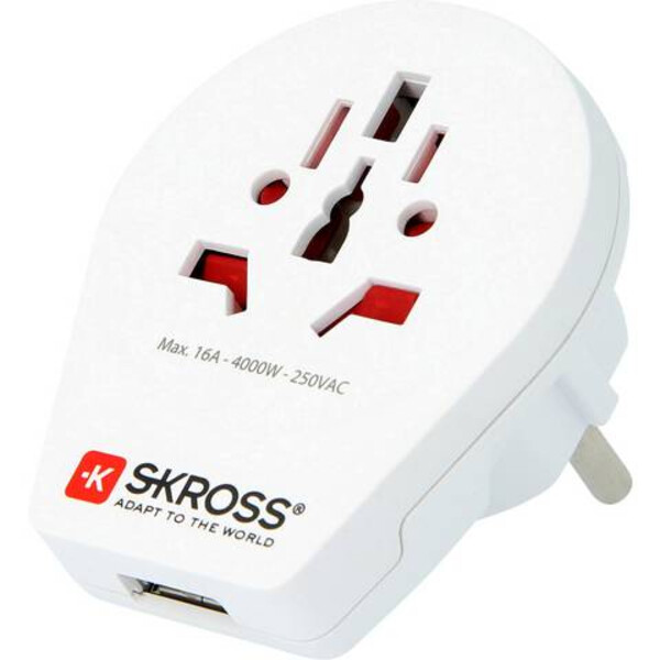 Skross Strömförsörjningsenhet Reseadapter mellan världen och Europa med USB