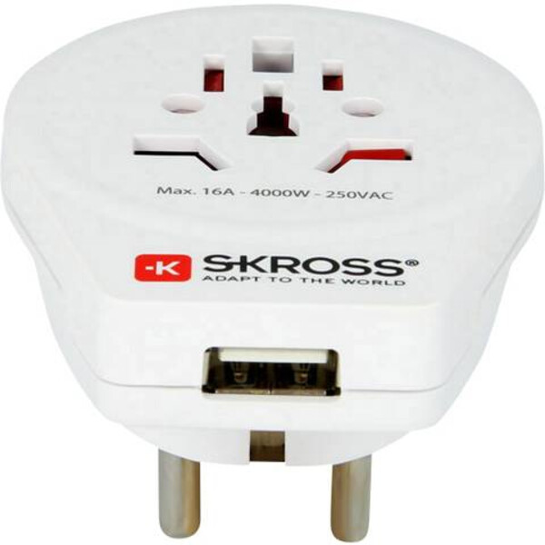 Skross Strömförsörjningsenhet Reseadapter mellan världen och Europa med USB