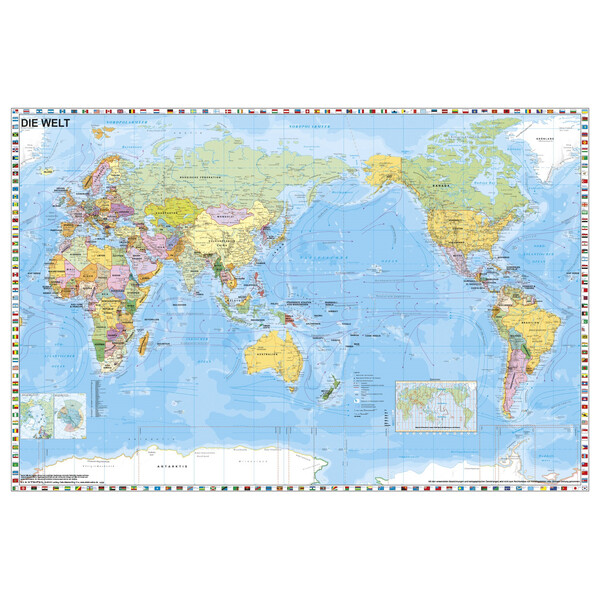 Stiefel Världskarta Världen politisk Stilla havet centrerad med flaggkant (98x68)