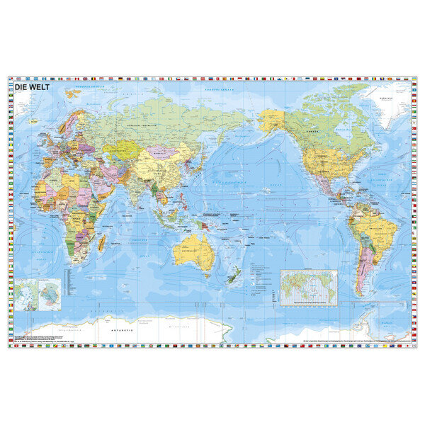 Stiefel Världskarta Världen politiskt pacific-centrerad med flaggkant (98 x 68 cm)