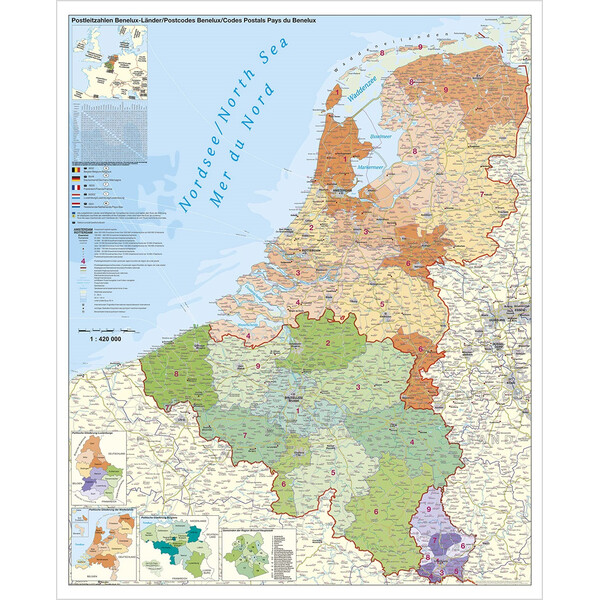 Stiefel Regionkarta Benelux med postnummer (97x137)
