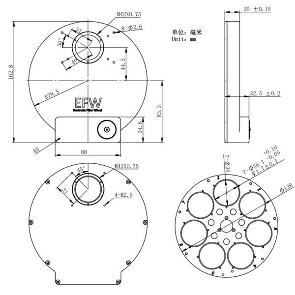 ZWO Motoriserat filterhjul EFW 7x36mm II