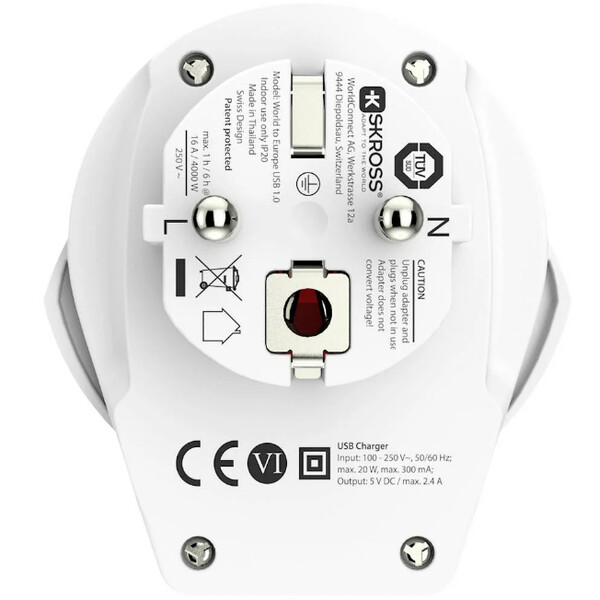 Skross Strömförsörjningsenhet Reseadapter Världen till Europa USB 1.0