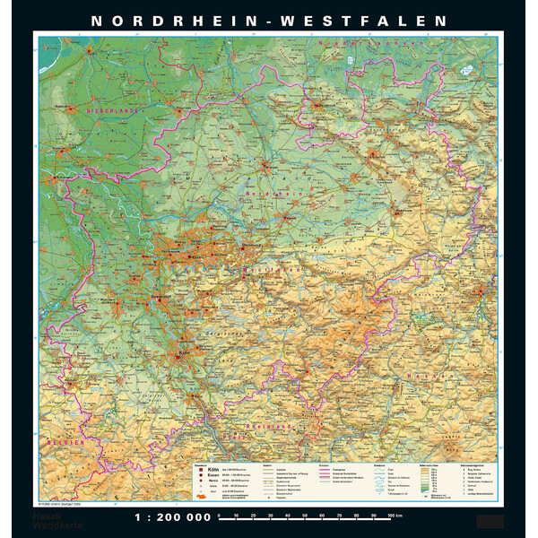 PONS Regionkarta Nordrhein-Westfalen fysiskt och politiskt (148 x 155 cm)