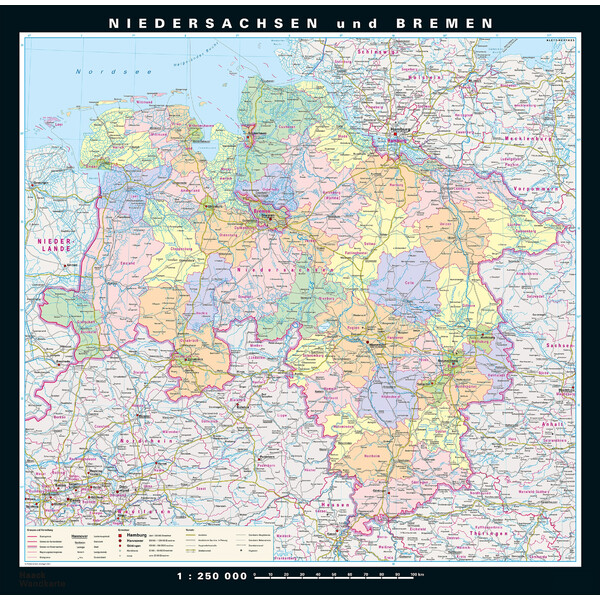 PONS Regionkarta Niedersachsen och Bremen fysiskt/politiskt (148 x 150 cm)