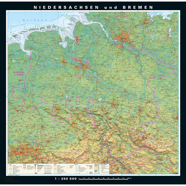 PONS Regionkarta Niedersachsen och Bremen fysiskt och politiskt (148 x 150 cm)