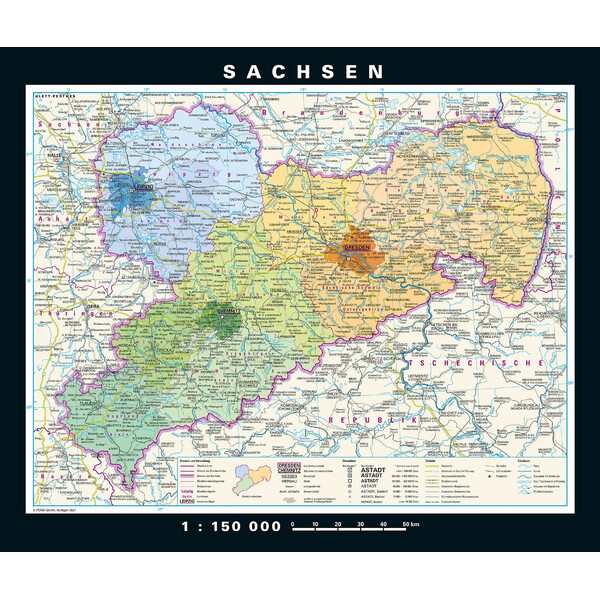 PONS Regionkarta Sachsen fysiskt och politiskt (176 x 148 cm)