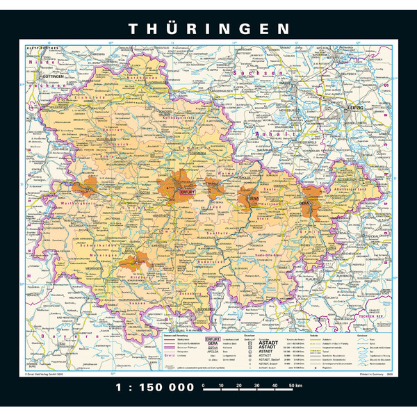PONS Regionkarta Thüringen fysiskt/politiskt (148 x 150 cm)
