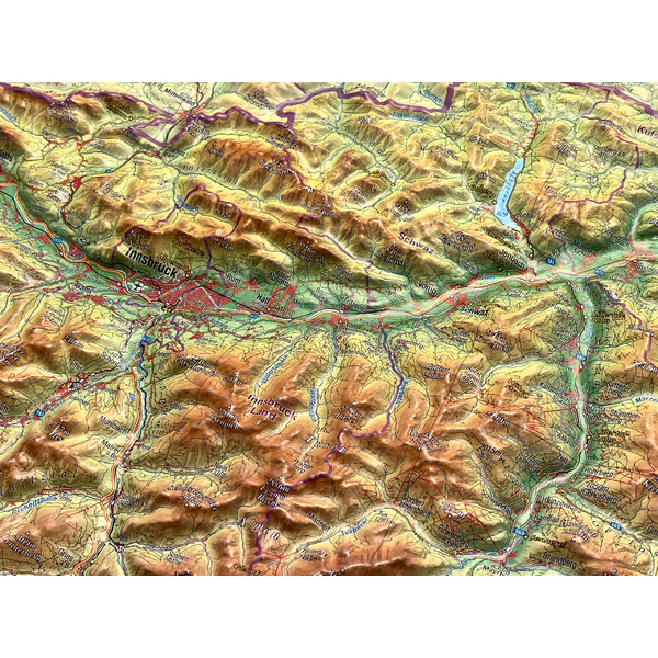 Georelief Regionkarta Tyrolen (78 x 58 cm) 3D-reliefkarta med träram