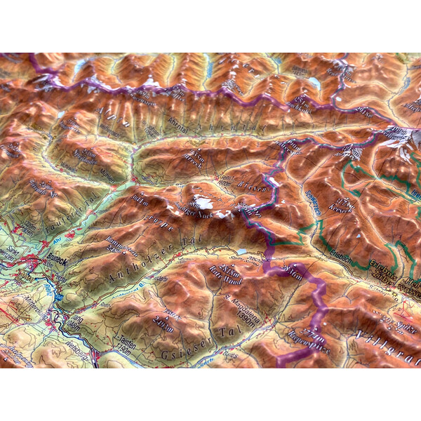 Georelief Regionkarta Tyrolen (77 x 57 cm) 3D-reliefkarta med aluminiumram