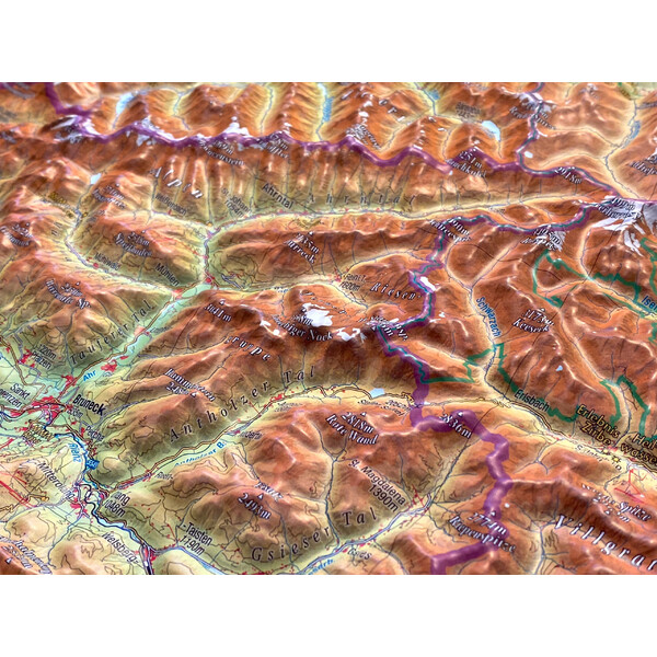 Georelief Regionkarta Tyrolen (78 x 58 cm) 3D-reliefkarta med träram