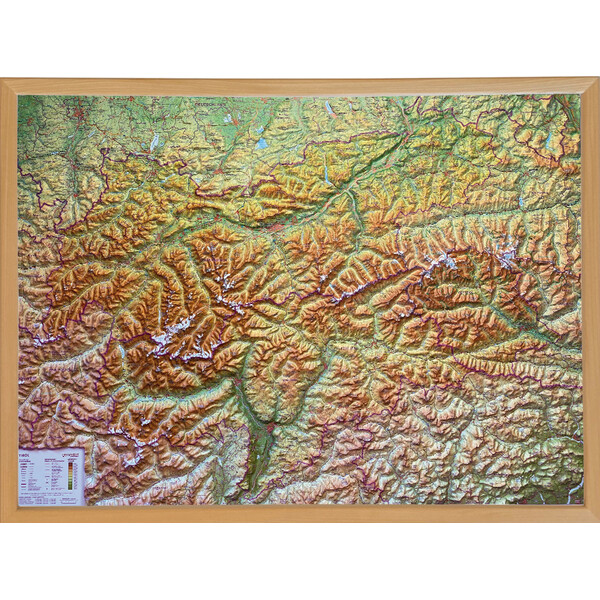 Georelief Regionkarta Tyrol (78 x 58 cm) 3D-reliefkarta med träram