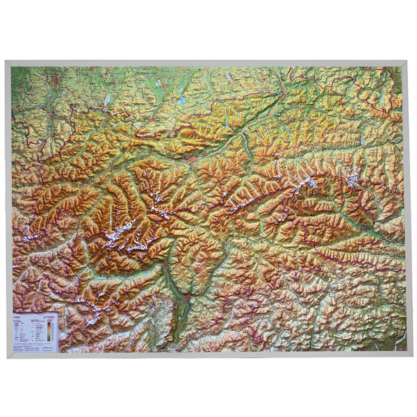 Georelief Regionkarta Tyrol (77 x 57 cm) 3D-reliefkarta med ram i aluminium