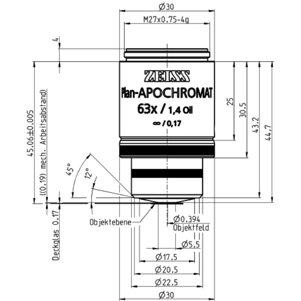 ZEISS Objektiv Plan-Apokromat, inkl. 100 täckglas, 63x/1,4 Olja inkl. wd=0,19mm