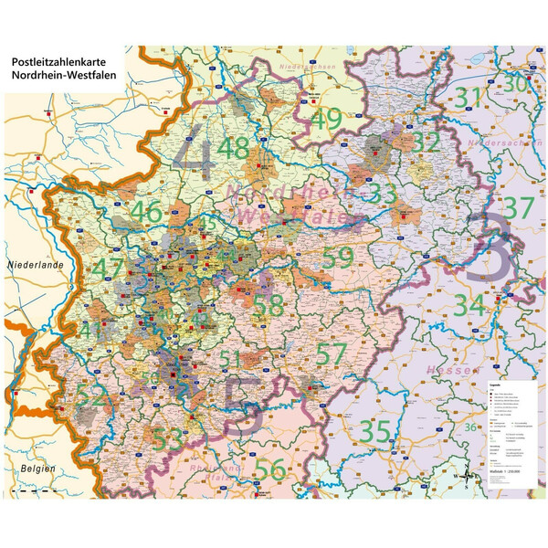 GeoMetro Regionkarta Nordrhein-Westfalen Postleitzahlen PLZ NRW (118 x 100 cm)