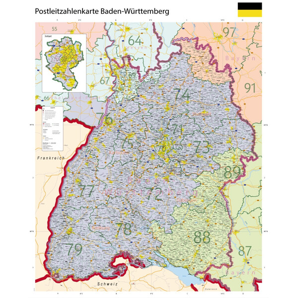 GeoMetro Regionkarta Baden-Württemberg Postleitzahlen PLZ (100 x 123 cm)