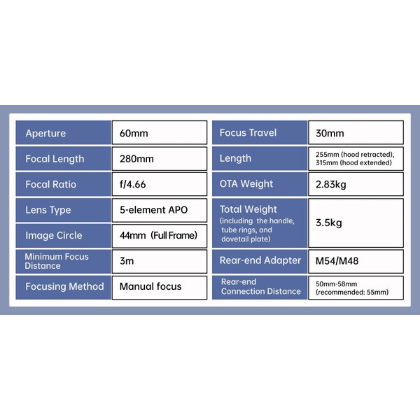 ToupTek Apokromatisk refraktor HOPE D60 60/280 f/4.66