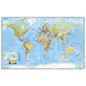 Stiefel Världskarta Väggkarta med vit träkant och upphängningssnöre engelska