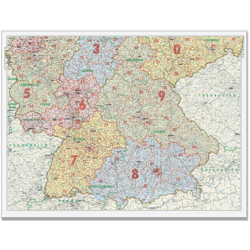 Bacher Verlag Regionkarta Postkodkarta över södra Tyskland 1:500.000