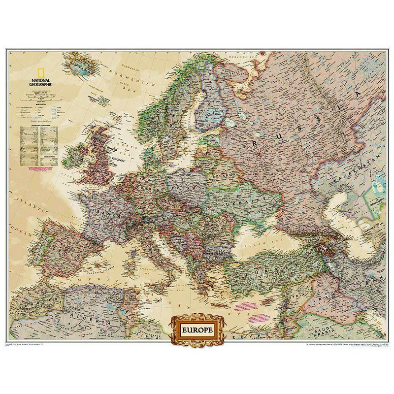 National Geographic Kontinentkarta Antik karta över Europa politisk, stor laminerad