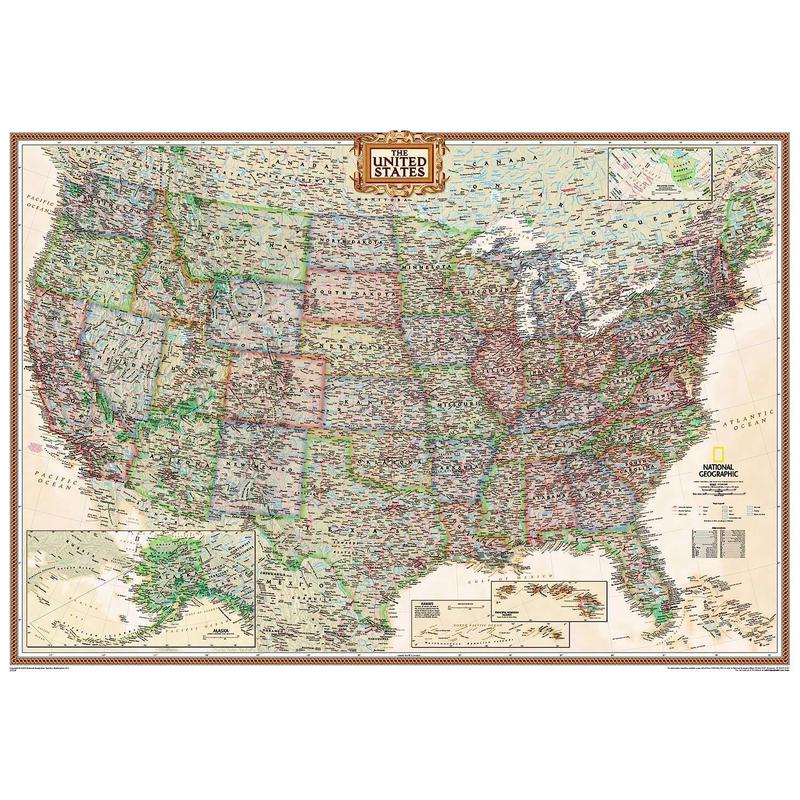 National Geographic Antik USA-karta politisk, laminerad