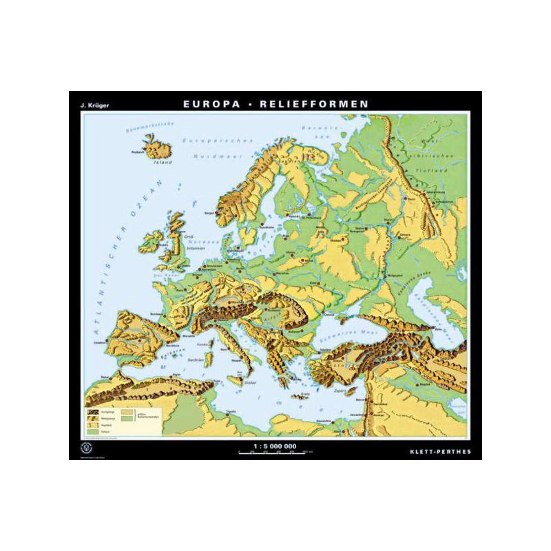 Klett-Perthes Verlag Kontinentkarta Europa relief / landskapsformer (P) 2-sida