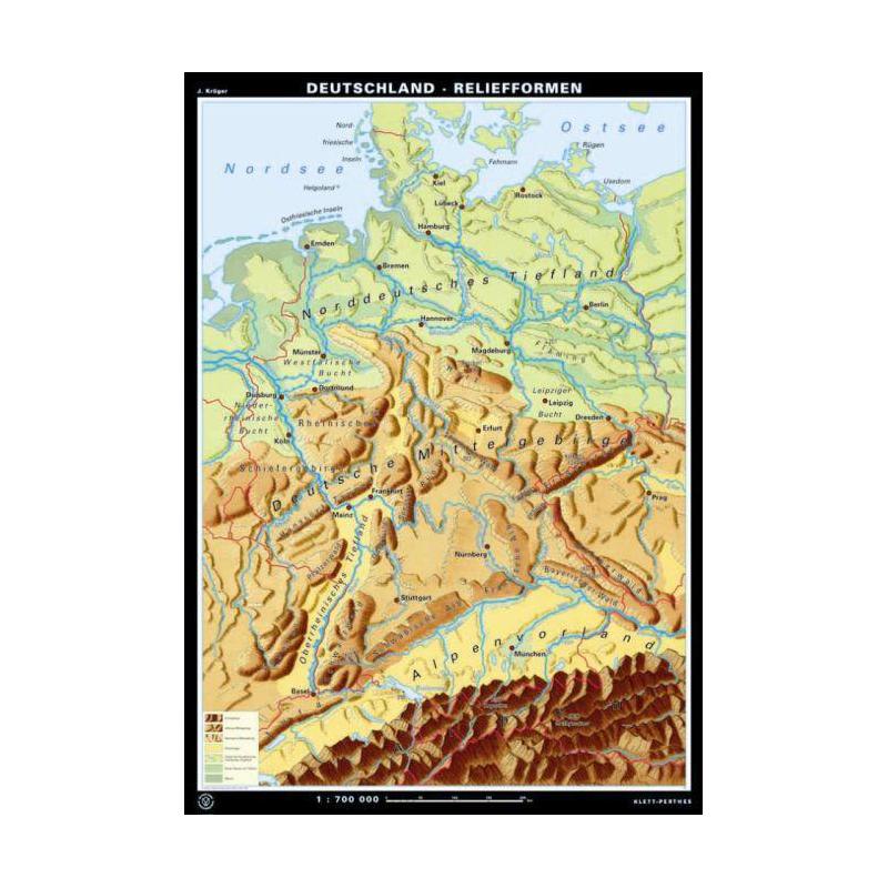Klett-Perthes Verlag Karta Tyskland relief / landskapsformer (ABW) 2-sidig