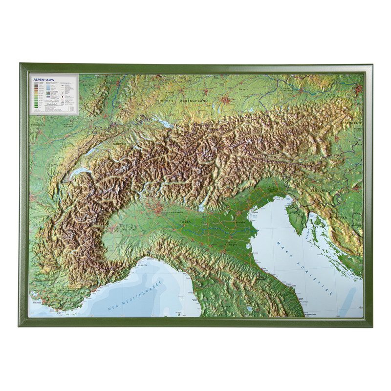 Georelief Regionkarta Alperna (77 x 57 cm) 3D-reliefkarta med träram
