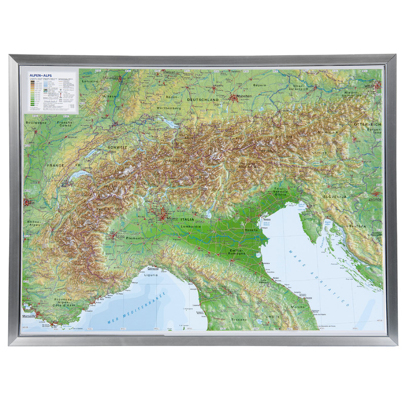 Georelief Regionkarta Alpbåge (77x57) 3D-reliefkarta med ram i aluminium