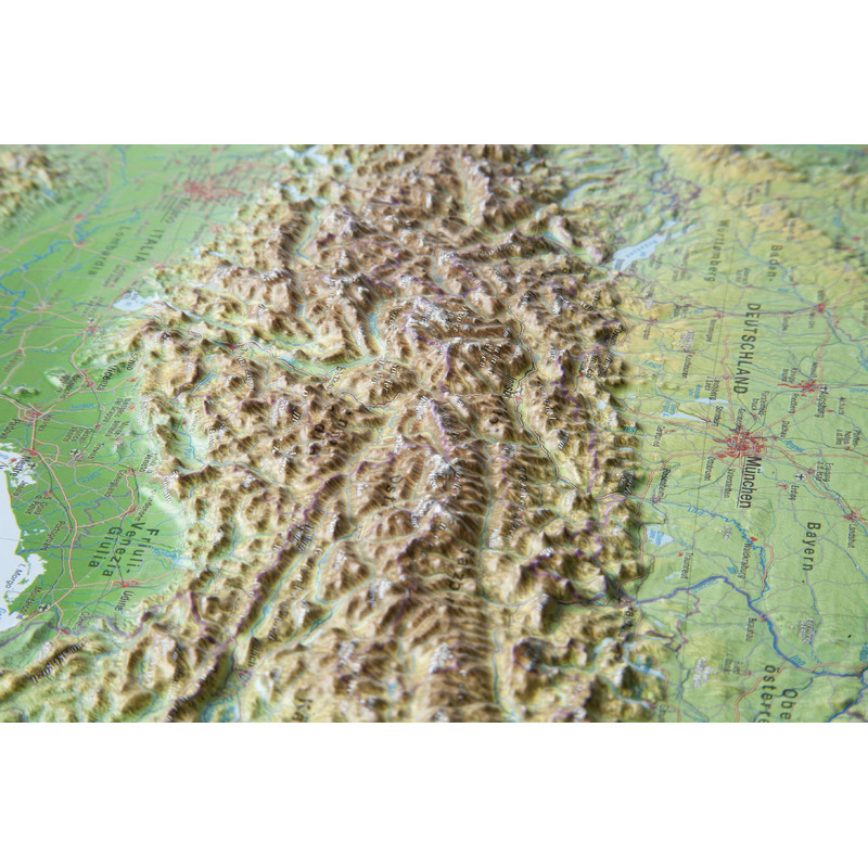 Georelief Regionkarta Alpbåge (77x57) 3D-reliefkarta med ram i aluminium
