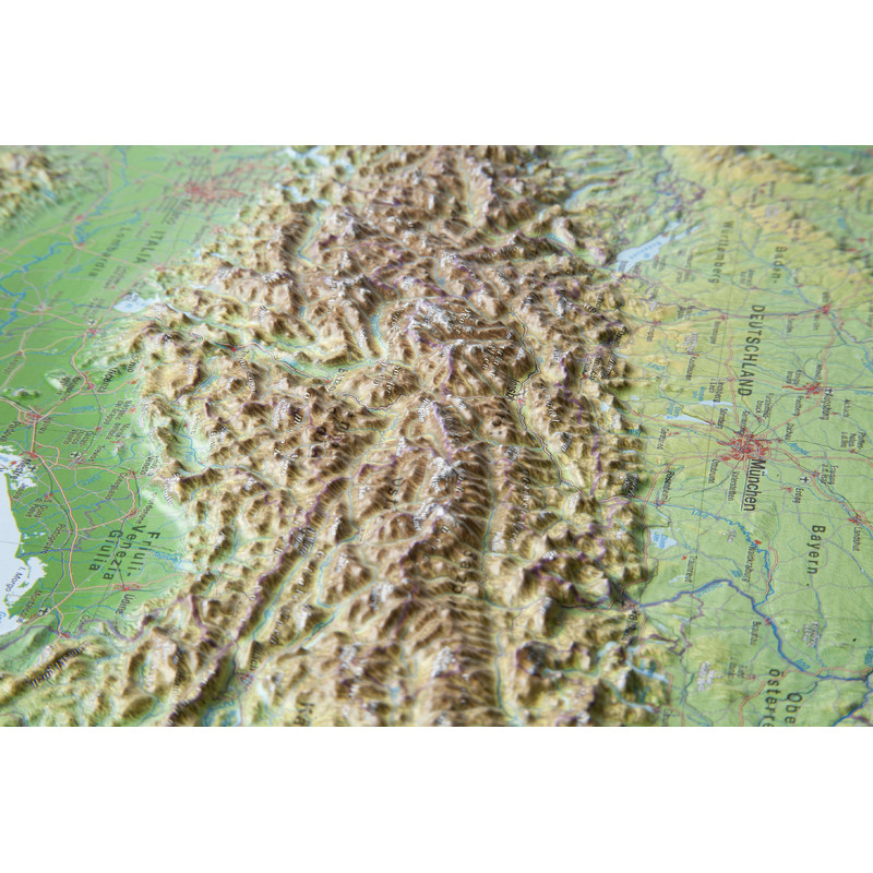 Georelief Regionkarta Alpin båge (77x57) 3D reliefkarta med aluminiumram